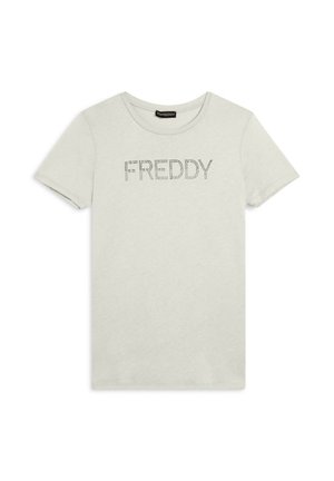 T-shirt in cotone grigio chiaro con maniche corte e scollatura rotonda. Presenta la scritta "FREDDY" in un design a pois sul petto.