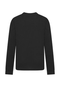 Schwarzes Langarm-T-Shirt mit Rundhalsausschnitt, aus einem glatten, dehnbaren Stoff gefertigt. Verfügt über gerippte Bündchen und ein sauberes, einfaches Design.