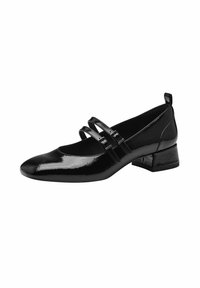 Chaussure en cuir verni noir avec un bout arrondi, deux sangles décoratives sur le cou-de-pied et un petit talon carré. Texture lisse et design épuré.