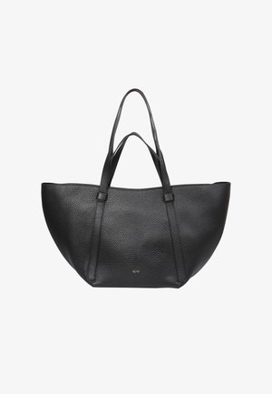 Sac fourre-tout en cuir noir avec une finition texturée. Doté de longues poignées plates et d'une forme large et arrondie. Détail du logo doré à l'avant.