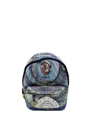 Zaino con stampa vintage di una mappa blu e viola, design circolare di una bussola, tasca frontale e cerniera con anello dorato.