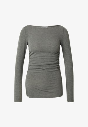 Graues Langarmshirt mit schiffchenförmigem Ausschnitt, mit gerafften Seitendetails und einem seitlichen Schlitz. Aus einem weichen, dehnbaren Stoff gefertigt.