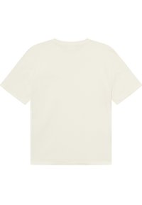 Tricou de culoare crem, cu mânecă scurtă, fabricat din bumbac moale. Prezintă un decolteu clasic în formă de cerc și o croială relaxată, pătrată.