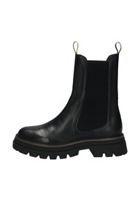 Botín Chelsea de cuero negro con lados texturizados, suela de goma prominente y tiradores. Tiene un acabado suave y costuras en marrón contrastante.