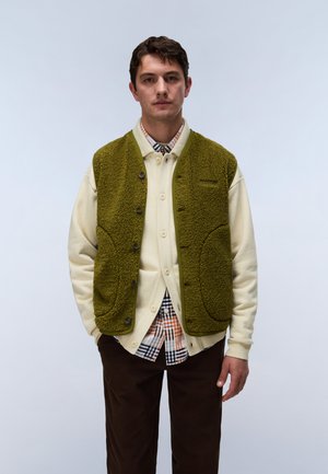 Young man wearing an olive green fleece vest over a cream button-up shirt and checked shirt, standing against a plain light background.