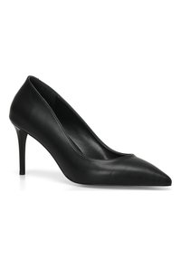 Black leather high-heel pump with a pointed toe and smooth texture. Stiletto heel adds height. Simple design with no visible embellishments.