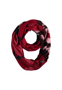 Écharpe infinie à carreaux rouges et noirs en tissu doux, présentant une texture lisse et des blocs de couleurs alternés avec une petite étiquette de marque.