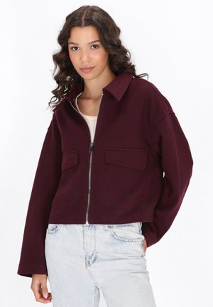 Burgundi žemyn zip-up striukė su apykakle, dviem priekinėm kišenėm ir sutrumpintu dizainu. Pagaminta iš tekstūruoto audinio, derinama su šviesiai mėlynomis džinsomis.