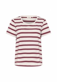 T-shirt med korte ærmer og rund hals i lys beige med burgunderfarvede vandrette striber. Blødt, tekstureret stof, afslappet pasform, ingen bemærkelsesværdig hardware.