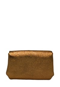 Pochette rectangulaire en bronze texturé brillant avec des bords lisses, présentée sur un fond blanc uni.