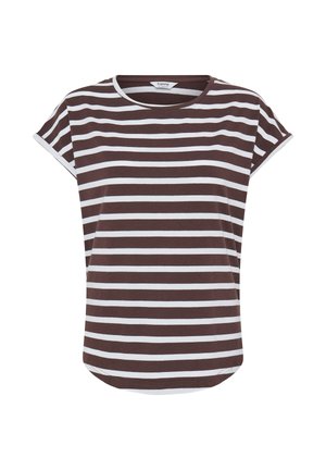 T-shirt manches courtes à rayures horizontales marron et blanc avec col rond et ourlet légèrement arrondi.