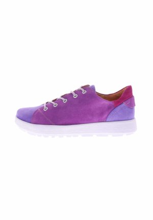 Purple and pink suede casual sneaker with white sole and gray laces, shown from side view on a white background.