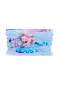 Zachte stoffen nekkraag in blauw en roze met cartoonfiguren uit een film, versierd met sneeuwvlokken en een gradientontwerp.