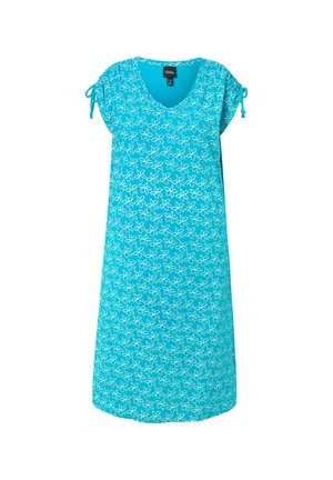 Turkoosi mekko lyhyillä hihoilla ja V-pääntiellä. Sen valkoisessa kukkakuosissa on säädettävät nyörit hihoissa. Valmistettu pehmeästä kankaasta.