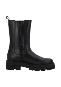 Svarta läder ankle boots med en slät yta, sidodragkedja, kraftig hög sula och en ögla för enkel påtagning på hälen.