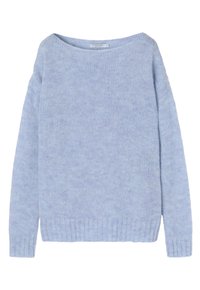 Jasnoniebieski sweter z miękkiej dzianiny. Posiada szeroki dekolt w łódź, długie rękawy i ściągacz na dole. Prosty, teksturowany wzór.