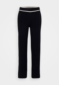 Pantaloni negri dintr-un material moale, cu un design ajustat, având o dungi contrastante albă și albastră deschisă la talie. Croi drept.