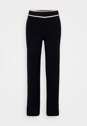 Black pants made of soft fabric, featuring a fitted design with a contrasting white and light blue stripe at the waistband. Straight-leg cut.