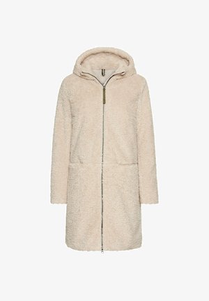 Light beige hooded coat made of soft, textured fabric. Features a front zipper, two side pockets, and a relaxed fit design.