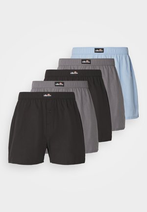 Set aus fünf Boxershorts in Schwarz, Grau und Hellblau. Hergestellt aus weichem Stoff mit elastischem Bund und einem Knopfdetail bei der schwarzen Variante.