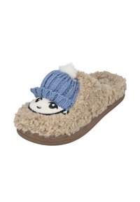 Zapatilla de casa color beige con una cara de dibujo animado y un gorro tejido azul con un pompón blanco. Textura suave y diseño fácil de poner con suela de goma.