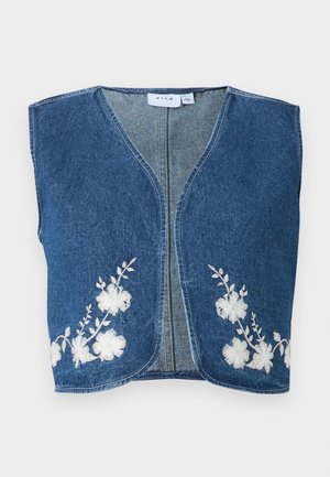 Denim vest with a V-neckline, featuring floral white embroidery on both sides. Blue fabric with a medium texture and raw edges.