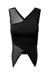 Svart ärmlös topp med korskorsdesign, kontrasterande paneler och asymmetrisk fåll, gjord av släta och genomskinliga material.