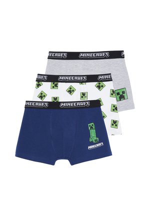Set aus drei Jungen-Boxershorts mit Minecraft-Motiven: einfarbig grau, weiß mit grünen Creeper-Gesichtern und marineblau mit Creeper-Charakter und Logo.