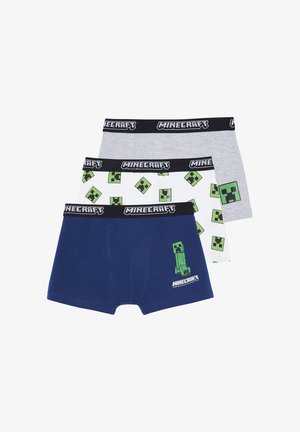 Set aus drei Jungen-Boxershorts mit Minecraft-Motiven: einfarbig grau, weiß mit grünen Creeper-Gesichtern und marineblau mit Creeper-Charakter und Logo.