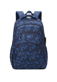 Zaino con motivo blu realizzato in tessuto; presenta numerosi scomparti con zip, spallacci imbottiti e una maniglia superiore per il trasporto.