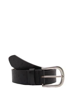 Ceinture en cuir noir avec un motif texturé et une boucle en métal argenté, présentant une forme plate et une seule boucle de maintien.