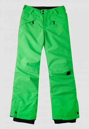 Pantaloni impermeabili da neve di colore verde brillante con polsini interni neri, ginocchia rinforzate, tasche anteriori con zip e chiusura in vita con doppio bottone.