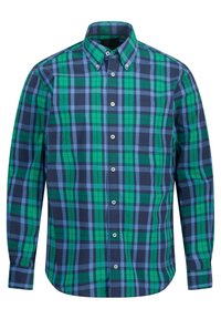 Koszula z długim rękawem na guziki, z wielokolorowym wzorem w kratę w kolorach granatowym, zielonym i jasnoniebieskim, z klasycznym kołnierzykiem i zaokrąglonym dołem.