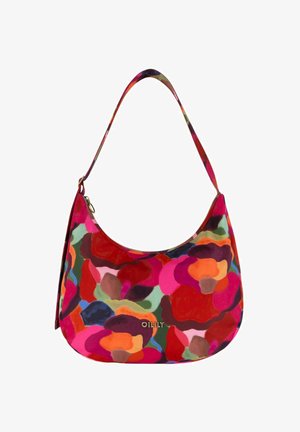 Hobo-Tasche mit einer geschwungenen Form, aus einem Stoff mit floralen Mustern in lebhaften Farben wie Pink, Rot, Grün und Orange. Logo sichtbar.