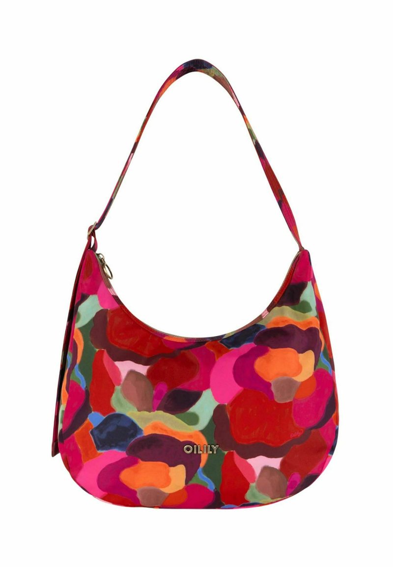 Hobo tas met een ronde vorm, gemaakt van stof met een bloemenpatroon in levendige kleuren zoals roze, rood, groen en oranje. Logo zichtbaar.