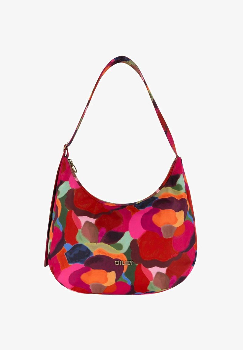 Sac hobo de forme courbée, fabriqué à partir d'un tissu à motif floral aux couleurs vives comme le rose, le rouge, le vert et l'orange. Logo affiché.