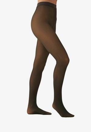 Black sheer tights with an opaque waistband, smooth texture, fitted design, and slight sheen, extending from waist to toes.