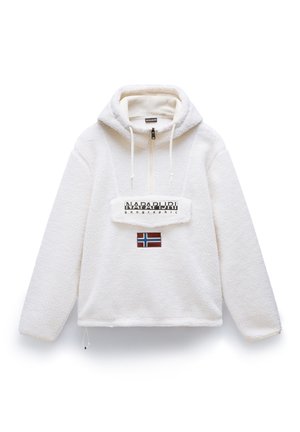 Felpa bianca in pile con mezzi zip, tasca a marsupio e cappuccio regolabile. Presenta il logo "Napapijri" e una toppa con la bandiera norvegese sul fronte.
