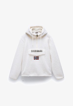 Felpa bianca in pile con mezzi zip, tasca a marsupio e cappuccio regolabile. Presenta il logo "Napapijri" e una toppa con la bandiera norvegese sul fronte.