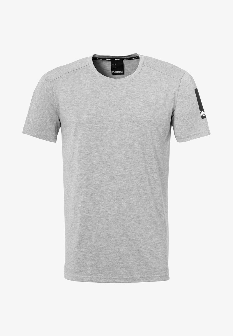 Graues T-Shirt mit kurzen Ärmeln aus weichem Stoff, mit rundem Halsausschnitt und einem schwarzen Akzent am linken Ärmel mit Logodetail.
