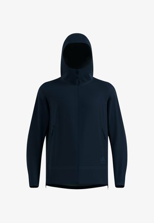 Navy blue hooded jacket with front zipper and zippered side pockets, displayed on a white background.