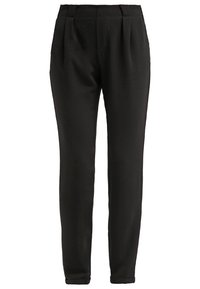 Pantalon noir sur mesure à taille haute, devant plissé, jambes fuselées et ourlets retroussés.