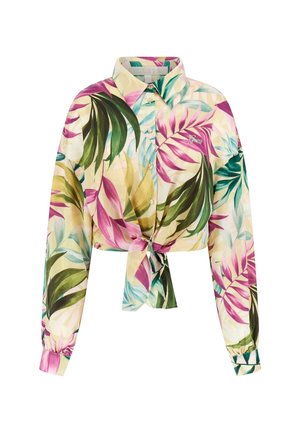 Short-sleeve, cropped button-up shirt in lightweight fabric. Features a colorful tropical leaf pattern in green, pink, and yellow with tie detail.