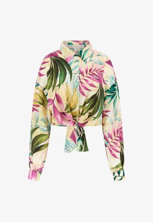 Krátky rukáv, skrátená košeľa s gombíkmi z ľahkého materiálu. Obsahuje farebný tropický vzor listov v zelenej, ružovej a žltej s detailom na viazanie.