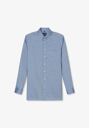 Himmelblaues Button-Down-Hemd aus gewebtem Stoff. Verfügt über lange Ärmel, eine Tasche auf der linken Brust und ein klassisches Kragen Design.