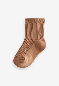Braune gerippte Socke aus weichem Material, mit einem strukturierten Design, einem engen Bündchen und einer glatten Textur.