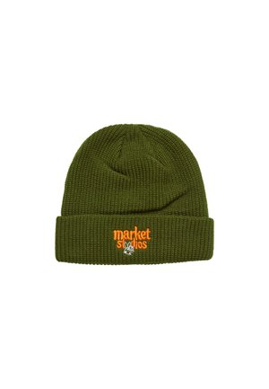 Green knitted beanie hat with a folded cuff, featuring orange and white embroidered text "market" and a logo detail on the front.