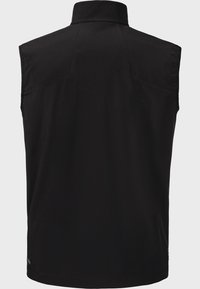 Schwarze ärmellose Weste mit hohem Kragen, glatter Textur und minimalen Nähten. Verfügt über einen geraden Schnitt und ein Rückenpasse-Design.