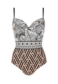 Jednoczęściowy strój kąpielowy z czarno-białym wzorem palmowych liści, czarną koronkową taśmą w pasie oraz brzoskwiniowym geometrycznym wzorem na dole.