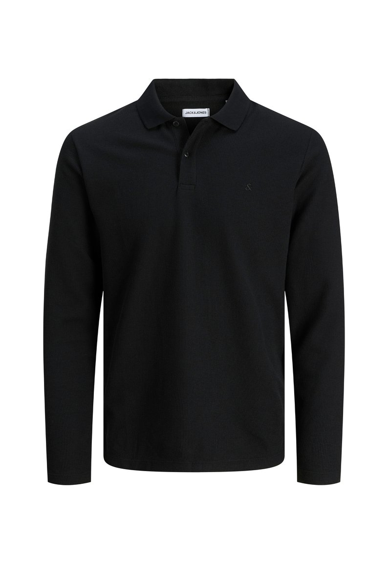 Schwarzes Longsleeve-Polohemd aus strukturiertem Stoff. Verfügt über einen klassischen Kragen und eine dreiknöpfige Knopfleiste. Subtiler Markenaufdruck auf der Brust.